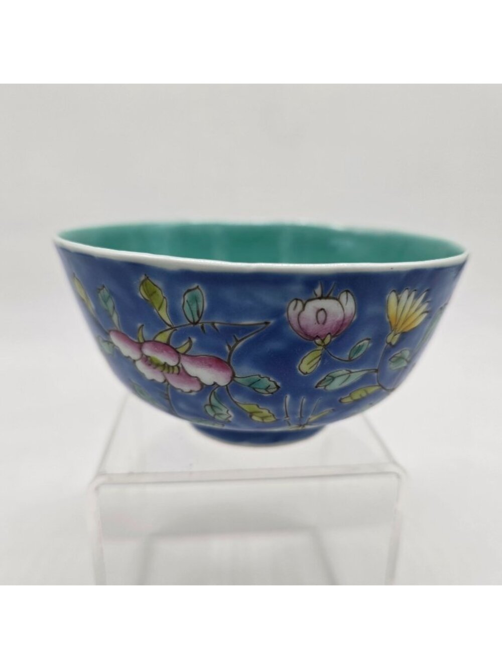 Vintage Chinese Hand Painted Cloisonne Blue Floral Bowl 4.5"